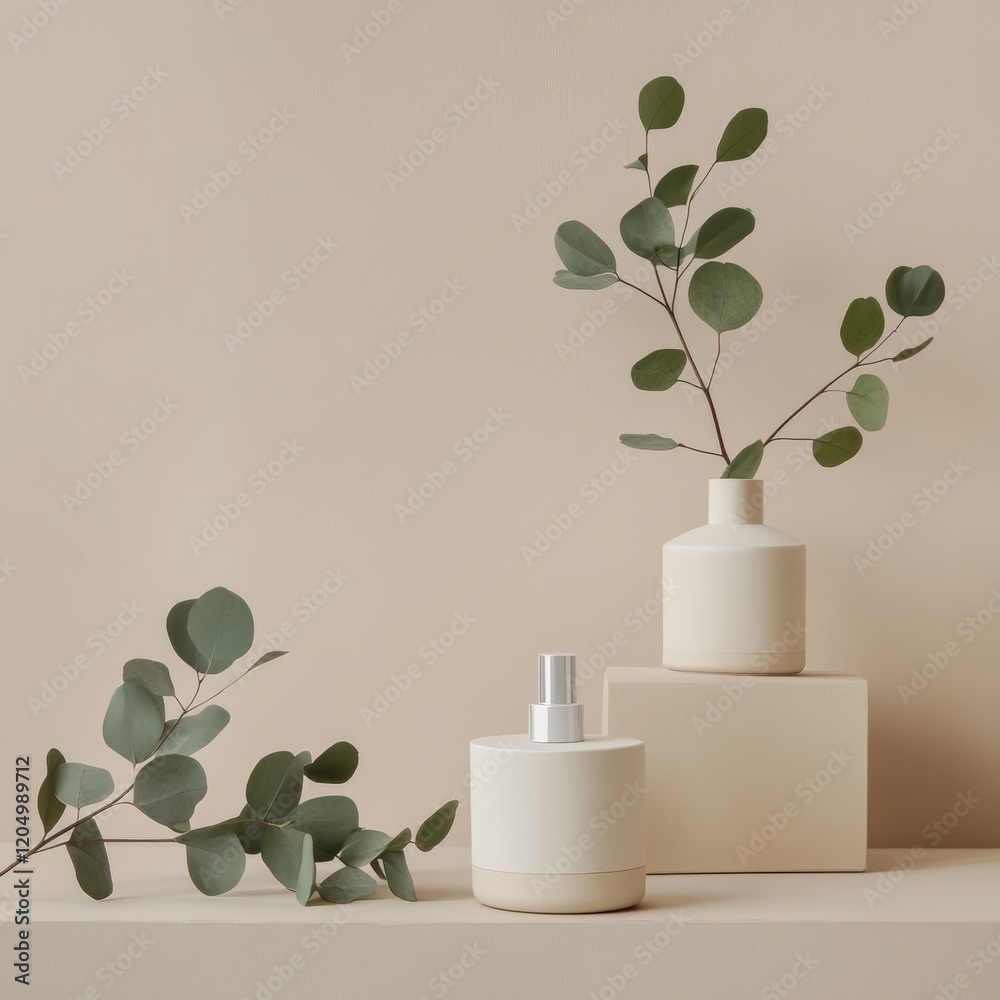 Wall mural 3d render of beige podiums with eucalyptus branches