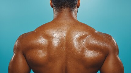 Fototapeta premium Muscular Man's Back, Sweaty and Defined Shoulders, Rear View Studio Shot