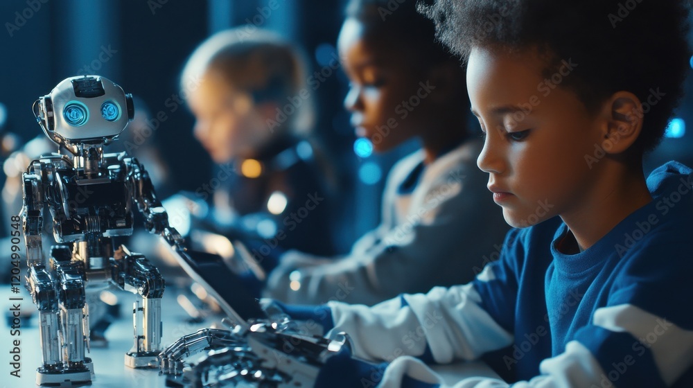 Aufkleber multiracial schoolkids learning using gadgets and building robots on software robotics engineering c