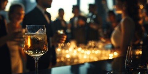 Elegant Cocktail Party Scene with Guests Socializing and Enjoying Drinks in a Sophisticated Atmosphere