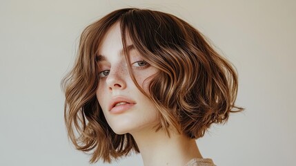 Naklejka premium Young Woman with Wavy Brown Bob Hairstyle