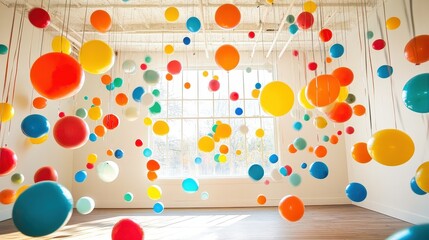 Colorful balloons floating in a bright room, vibrant celebration atmosphere, cheerful party vibes, perfect for festive designs 