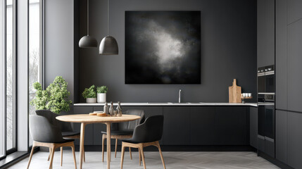 Monochromatic Modern Kitchen: A large-scale monochrome abstract art piece takes center stage in a sleek, modern kitchen, its ethereal gray tones complementing the dark cabinetry and minimalist design.