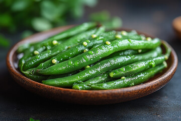 Delicious Green Beans in a Wooden Bowl