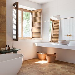 Spacious and luxurious primary bathroom ensuite in a modern and elegant waterfront condo free standing rectangular bath tub glass wall shower, basin, countertop granite, decorations. 3D Rendering
