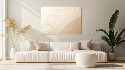 Minimalist Living Room: A contemporary living room embraces a serene aesthetic with a neutral color palette, featuring a plush white sofa adorned with soft cushions, a minimalist coffee table.