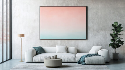 Modern Living Room Interior Design: A serene and stylish living room features a large, light pastel artwork above a comfortable light-grey sectional sofa.
