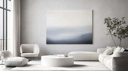 Fototapeta premium Serene Abstract Landscape in Modern Interior: A minimalist living space features a stunning abstract landscape painting.