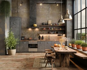 Luxury house kitchen interior with bar island, modern kitchenware and decoration. Cooking space with wooden and tile design, wooden floor. Panoramic window on countryside. Mockup. 3D Rendering