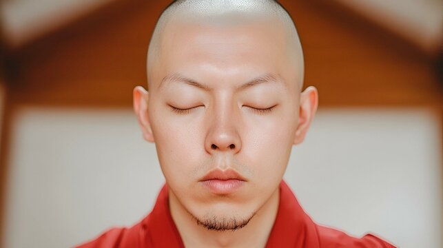 Serene Contemplation, a close-up of a monk's face, embodying tranquility and deep meditation, reflecting inner peace and spiritual focus.