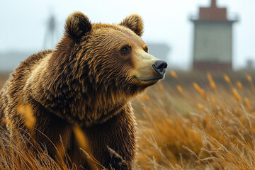 Fototapeta premium Brown Bear in Autumn Grassland Weather