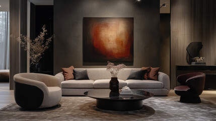 Sophisticated Living Room Interior: A stylish and contemporary living room features a modern sofa and armchair set against a backdrop of dark walls and a large abstract painting.