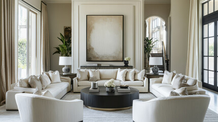 Fototapeta premium Modern Luxury Living Room: A tastefully designed modern living room with elegant furniture and decor. Neutral tones and natural light create a serene and inviting atmosphere. Large windows.