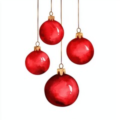 Watercolor Red Christmas Ornaments Hanging on White Background