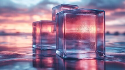 Transparent Ice Cubes Reflecting Sunset Colors