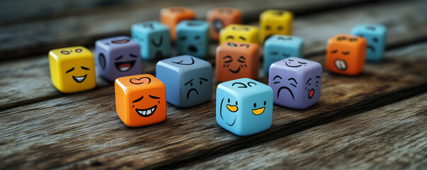 Simple, flat cubes with varied emotions, scattered randomly on a wooden surface, focusing on a clean, modern illustration style