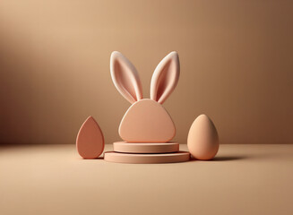 Minimalist Easter display featuring a stylized bunny head and eggs on a peach-toned platform against a muted background.  Subtle lighting enhances the 3D render.