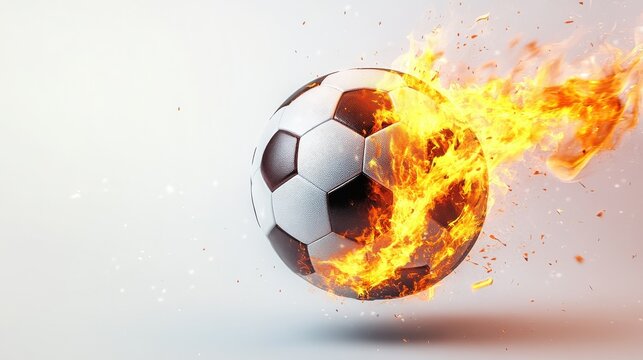 american footbal lball with bright flame flying on white background