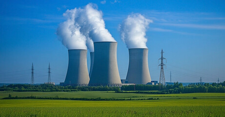Nuclear Power Plant with Cooling Towers Against a Clear Blue Sky and Green Fields