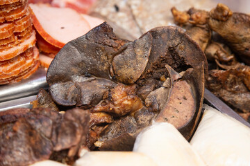 Tripe and internal organs in a butcher shop at the Abastos market in Oaxaca, Mexico.