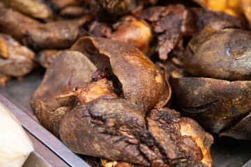 Tripe and internal organs in a butcher shop at the Abastos market in Oaxaca, Mexico.