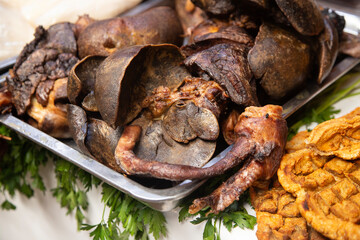 Tripe and internal organs in a butcher shop at the Abastos market in Oaxaca, Mexico.