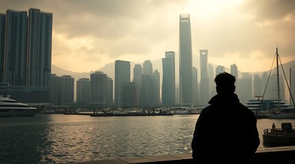 Man silhouetted against hazy cityscape at sunset.