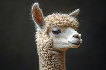 Fototapeta premium A Fluffy White Alpaca Portrait Against Dark Background