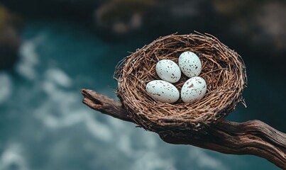 Obraz premium Birds Nest Serenity, a close-up view of a delicate nest cradling speckled eggs, surrounded by soft foliage and gentle sunlight filtering through.