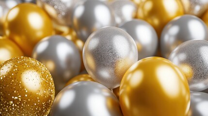 Golden and silver metallic balloons with shiny textures, sophisticated and classy party celebration