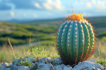 Green Barrel Cactus Blooming in Desert Landscape