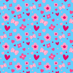 Valentines seamless pattern.Hand drawn cute elements, hearts, flowers, bow, dots repeat pattern in pink isolated on blue background.Vector graphic illustration love background.