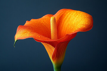 A vibrant orange calla lily with water droplets