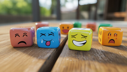 Vivid cubes with different emotional faces on a smooth wooden table, showcasing customer satisfaction