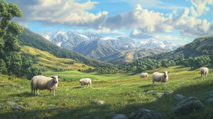 Sheep in green mountain meadow, rural scene in New Zealand