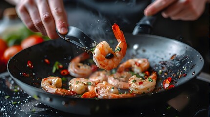 Seafood, Professional cook prepares shrimps with vegetables. Frost in the air, Cooking seafood, healthy vegetarian food.