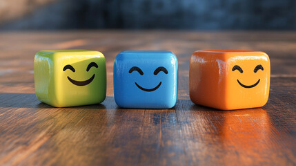Vivid emotion cubes on a polished wooden background, illustrating customer satisfaction concepts