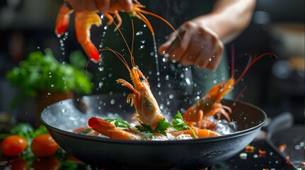 Seafood, Professional cook prepares shrimps with vegetables. Frost in the air, Cooking seafood, healthy vegetarian food.