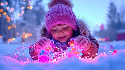 Fototapeta premium Child delightfully engaging with colorful light-up toys amidst a snowy landscape, creating a magical winter scene filled with joy.