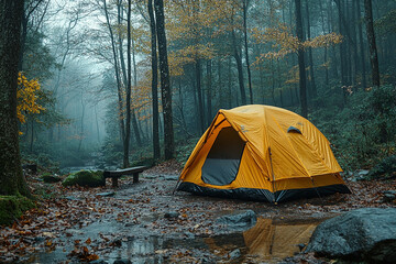 Yellow Tent Campsite Autumn Forest Misty Day