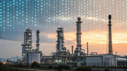Obraz premium Abstract representation of oil refinery with digital elements at sunset