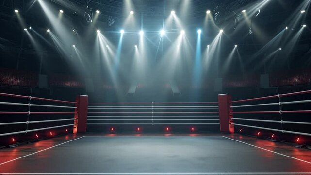 An empty professional boxing ring in an arena stadium, set up and ready for a competitive sports event. The bright lights overhead illuminate the ring, creating a dramatic atmosphere.
