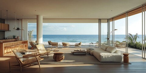Fototapeta premium Stylish Beach House Featuring an Open Floor Plan, Perfect for Coastal Living and Seaside Comfort
