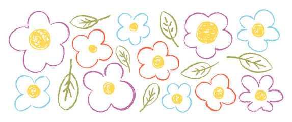 Collection of crayon doodle flowers and leaves. Spring Easter illustration with pastel or chalk texture. Color kids vector illustration on a white background.