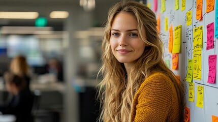 Fototapeta premium Confident young woman leaning against whiteboard with sticky notes in modern office.