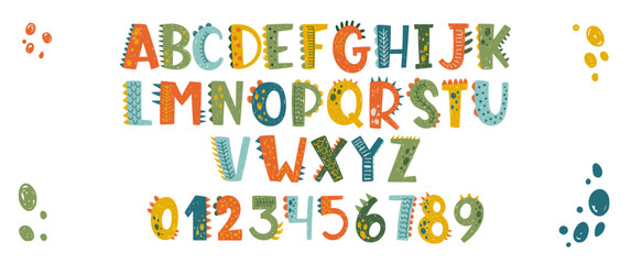 Hand drawn dino font with crayon or pastel texture. Sketch alphabet letters and numbers for school or kindergarten. Kids vector illustration.