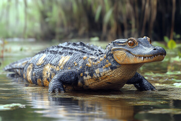 Obraz premium Young Alligator in Swampy Habitat