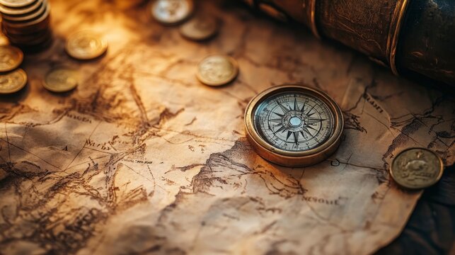 Vintage Compass and Ancient Map with Coins on Rustic Table