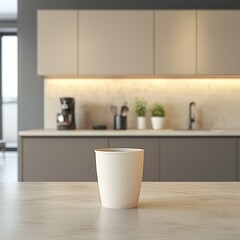 Fototapeta premium Neutral-toned kitchen featuring a blank coffee cup on a polished countertop.