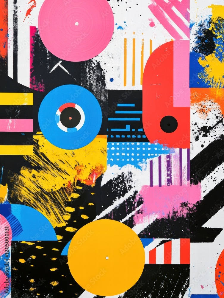 Poster colorful abstract art featuring bold shapes and vibrant patterns at a contemporary gallery. generati